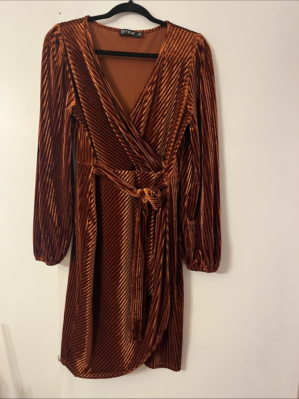 Oten Copper Wrap Velvet Dress with Long Sleeves
